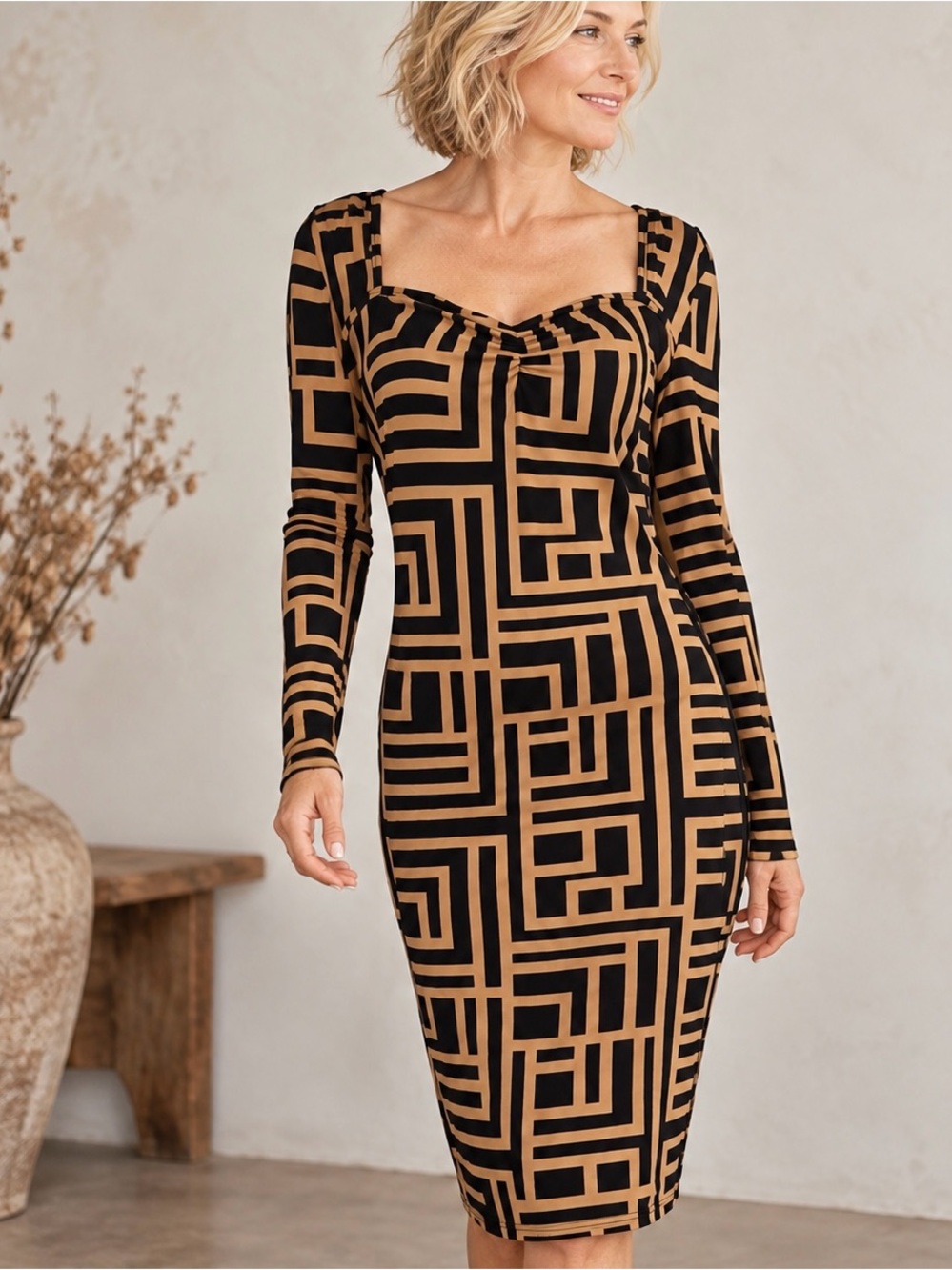Privé Plus Black Latte Geometric Print Sweetheart Neck Bodycon Dress SHEIN XXL